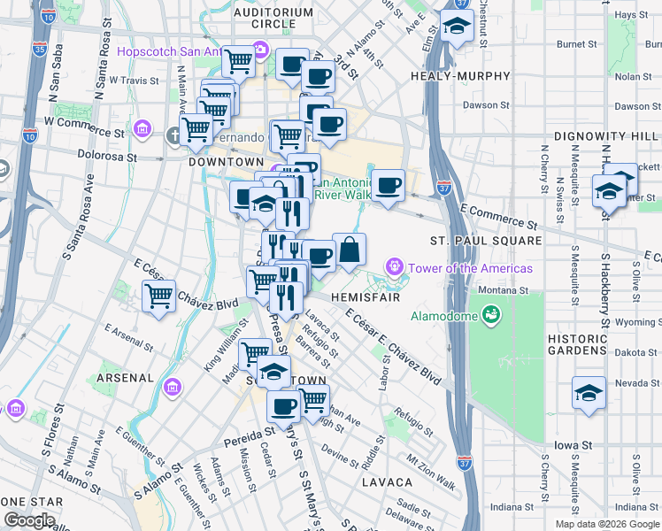 map of restaurants, bars, coffee shops, grocery stores, and more near 630 East Nueva Street in San Antonio
