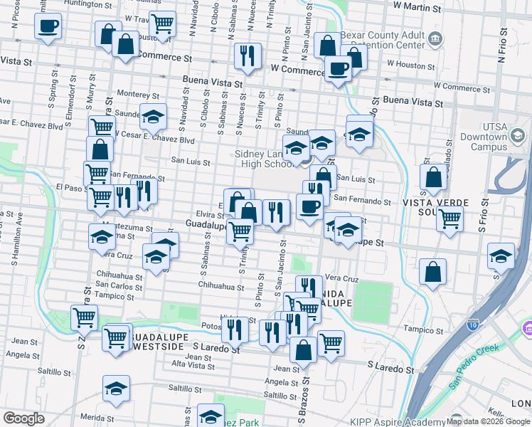 map of restaurants, bars, coffee shops, grocery stores, and more near 1622 El Paso Street in San Antonio