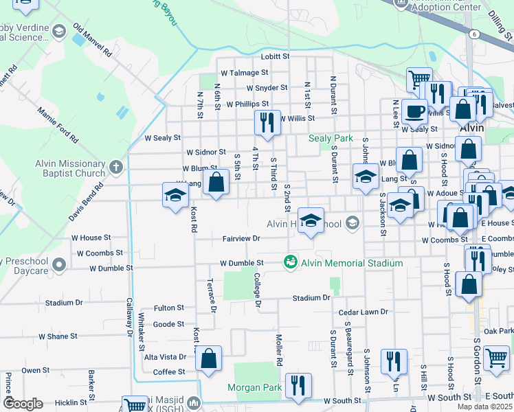 map of restaurants, bars, coffee shops, grocery stores, and more near 1401 West Adoue Street in Alvin