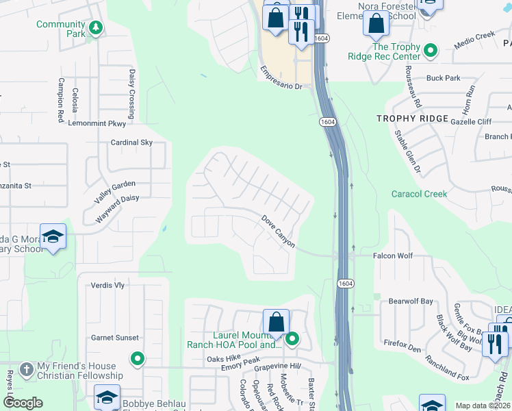 map of restaurants, bars, coffee shops, grocery stores, and more near 1423 Bluejay Court in San Antonio
