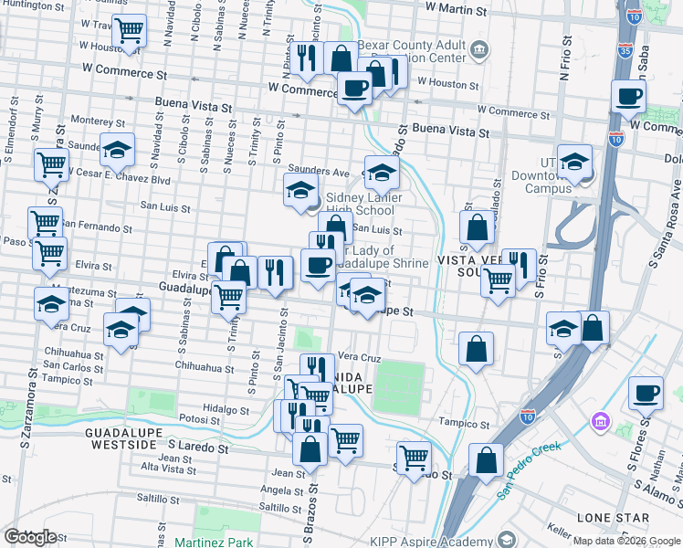 map of restaurants, bars, coffee shops, grocery stores, and more near 1227 El Paso Street in San Antonio