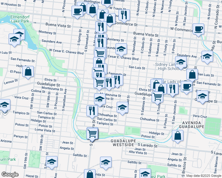 map of restaurants, bars, coffee shops, grocery stores, and more near 2307 Guadalupe Street in San Antonio