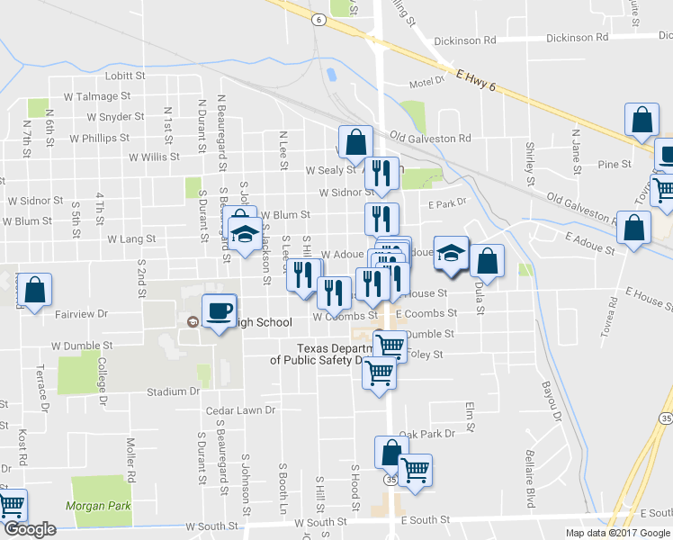 map of restaurants, bars, coffee shops, grocery stores, and more near 314 West Cleveland Street in Alvin