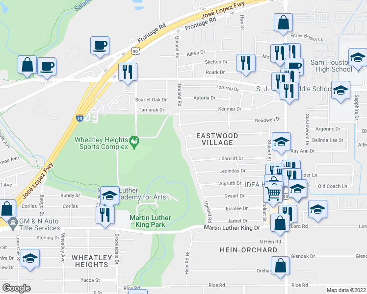map of restaurants, bars, coffee shops, grocery stores, and more near 803 Upland Road in San Antonio