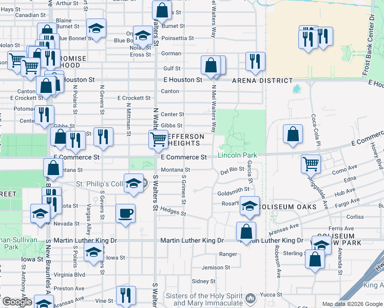 map of restaurants, bars, coffee shops, grocery stores, and more near 2717 East Commerce Street in San Antonio