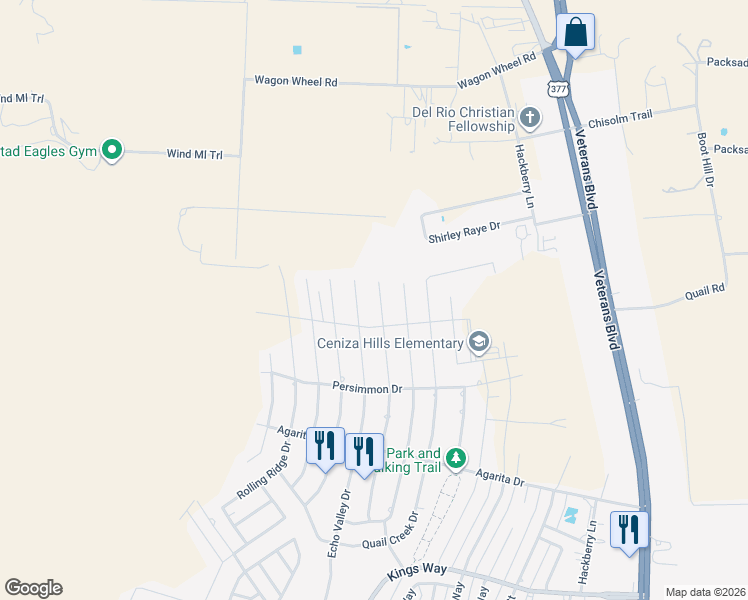 map of restaurants, bars, coffee shops, grocery stores, and more near 503 Far Hills Drive in Del Rio