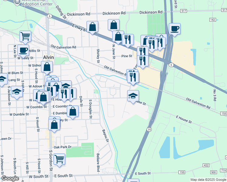 map of restaurants, bars, coffee shops, grocery stores, and more near 877 East House Street in Alvin