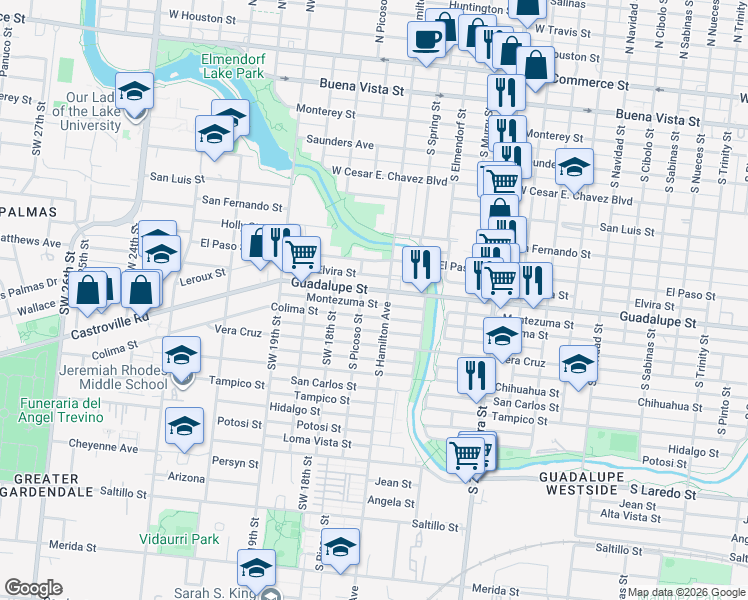 map of restaurants, bars, coffee shops, grocery stores, and more near 1718 Montezuma Street in San Antonio