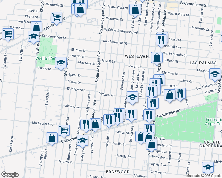map of restaurants, bars, coffee shops, grocery stores, and more near 1110 Allende Drive in San Antonio