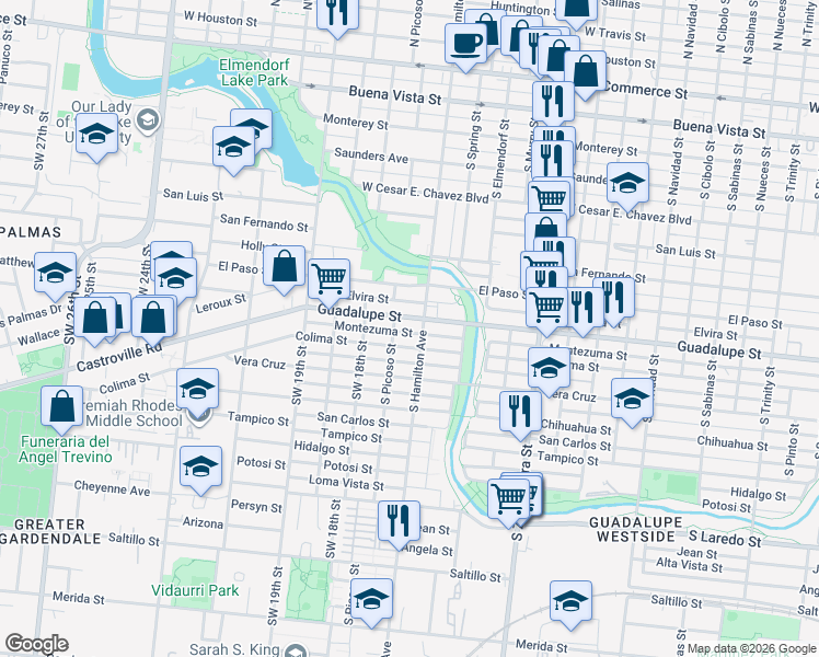 map of restaurants, bars, coffee shops, grocery stores, and more near 1718 Montezuma Street in San Antonio