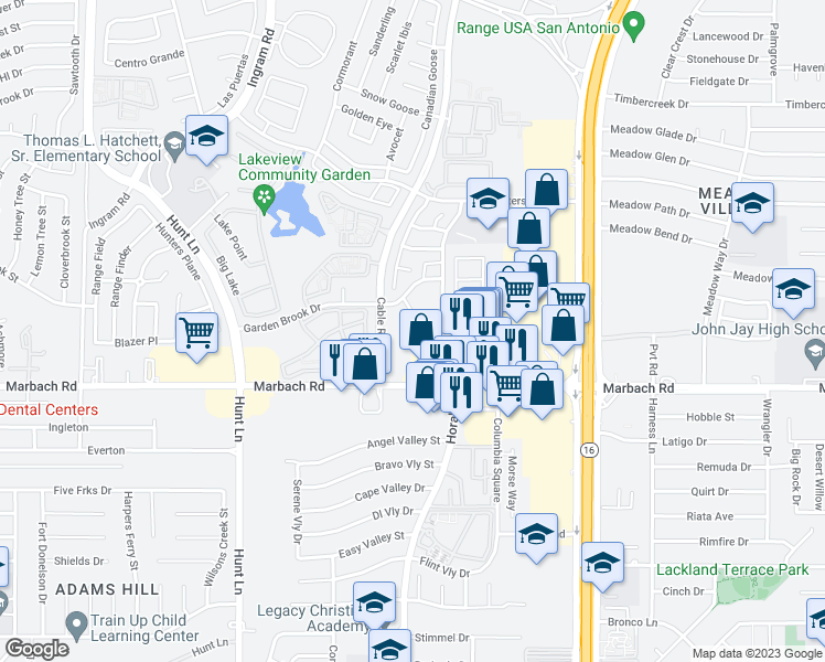 map of restaurants, bars, coffee shops, grocery stores, and more near 13 Garden Brook in San Antonio