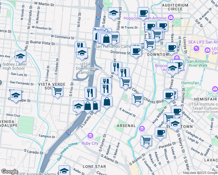 map of restaurants, bars, coffee shops, grocery stores, and more near 620 South Santa Rosa Avenue in San Antonio