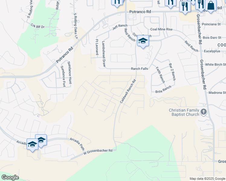 map of restaurants, bars, coffee shops, grocery stores, and more near Caldwell Ranch in San Antonio