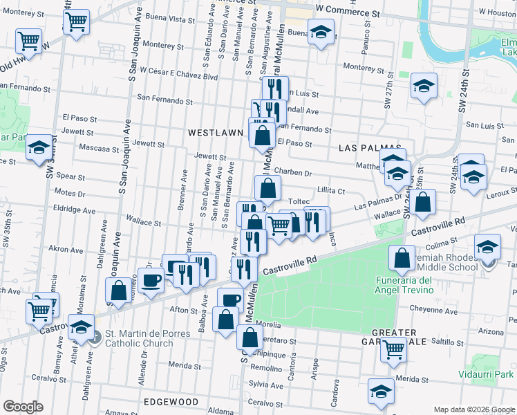 map of restaurants, bars, coffee shops, grocery stores, and more near 816 South San Augustine Avenue in San Antonio