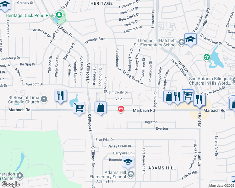 map of restaurants, bars, coffee shops, grocery stores, and more near 9711 Vale in San Antonio