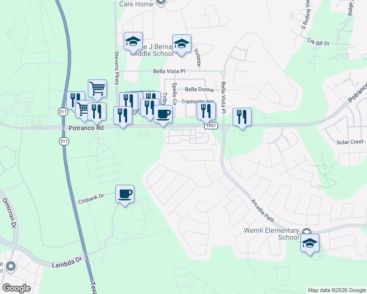 map of restaurants, bars, coffee shops, grocery stores, and more near 13955 Silas Creek in San Antonio