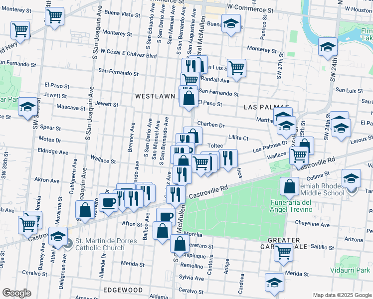 map of restaurants, bars, coffee shops, grocery stores, and more near 816 South San Augustine Avenue in San Antonio