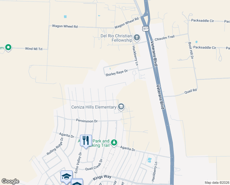 map of restaurants, bars, coffee shops, grocery stores, and more near 530 Quail Creek Drive in Del Rio