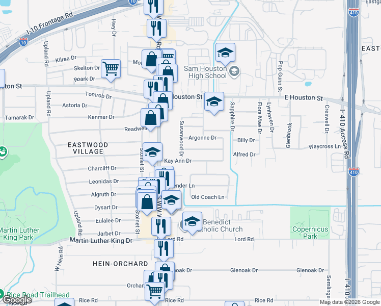 map of restaurants, bars, coffee shops, grocery stores, and more near 4611 Kay Ann Drive in San Antonio