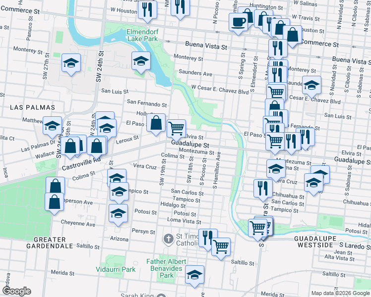 map of restaurants, bars, coffee shops, grocery stores, and more near 1900 Montezuma Street in San Antonio