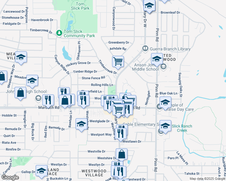 map of restaurants, bars, coffee shops, grocery stores, and more near 7627 West Military Drive in San Antonio