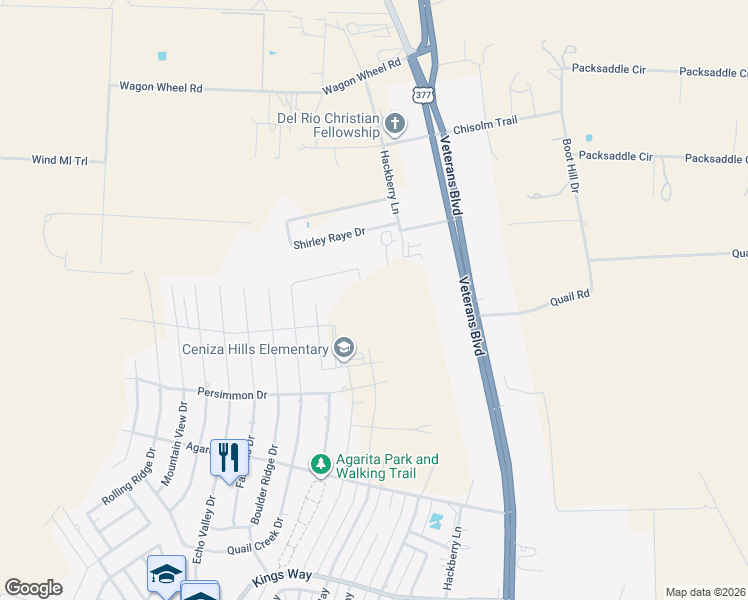 map of restaurants, bars, coffee shops, grocery stores, and more near 542 Quail Creek Drive in Del Rio