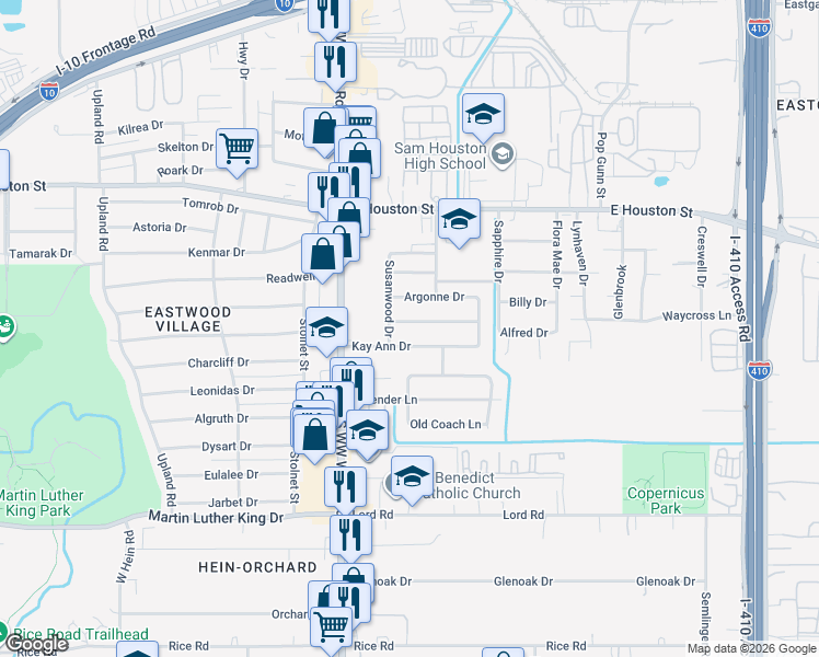 map of restaurants, bars, coffee shops, grocery stores, and more near 4611 Kay Ann Drive in San Antonio