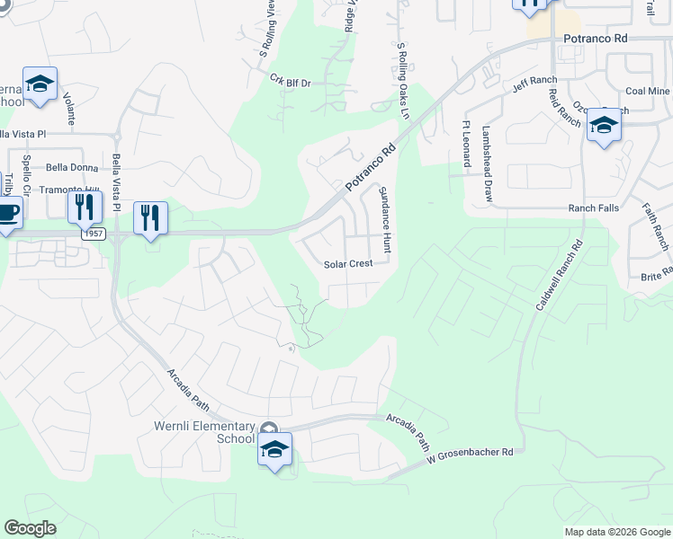 map of restaurants, bars, coffee shops, grocery stores, and more near 13310 Solar Crest in San Antonio