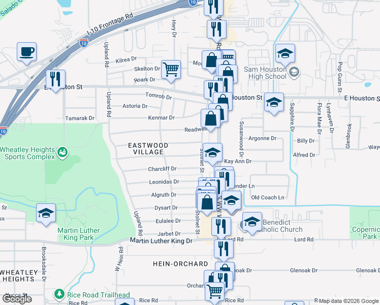 map of restaurants, bars, coffee shops, grocery stores, and more near 208 Shelburn Drive in San Antonio