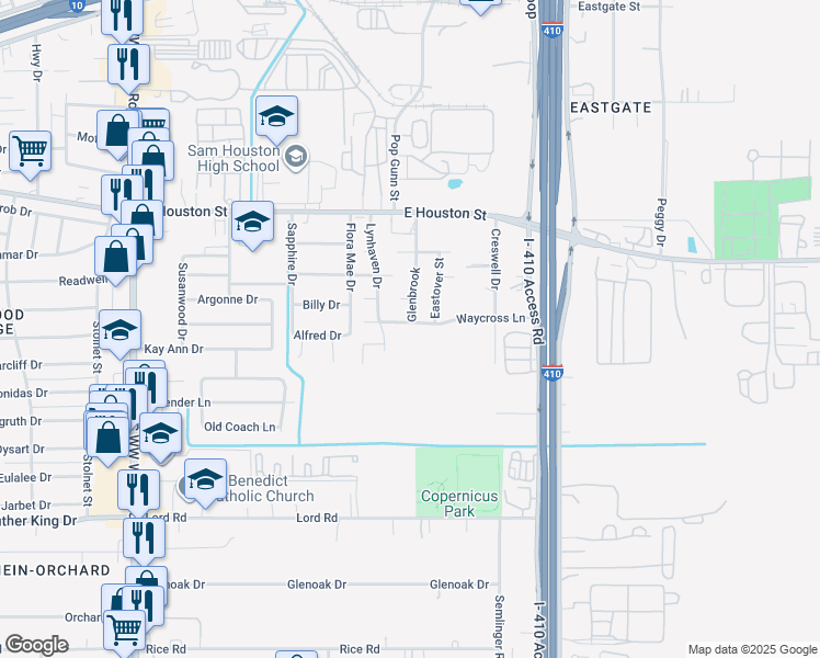 map of restaurants, bars, coffee shops, grocery stores, and more near 502 Lynhaven Drive in San Antonio