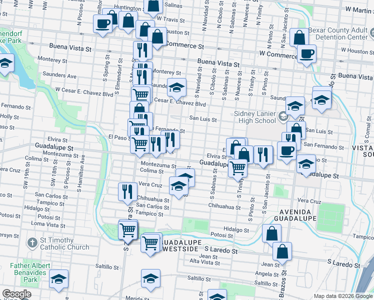 map of restaurants, bars, coffee shops, grocery stores, and more near 614 Elvira Street in San Antonio