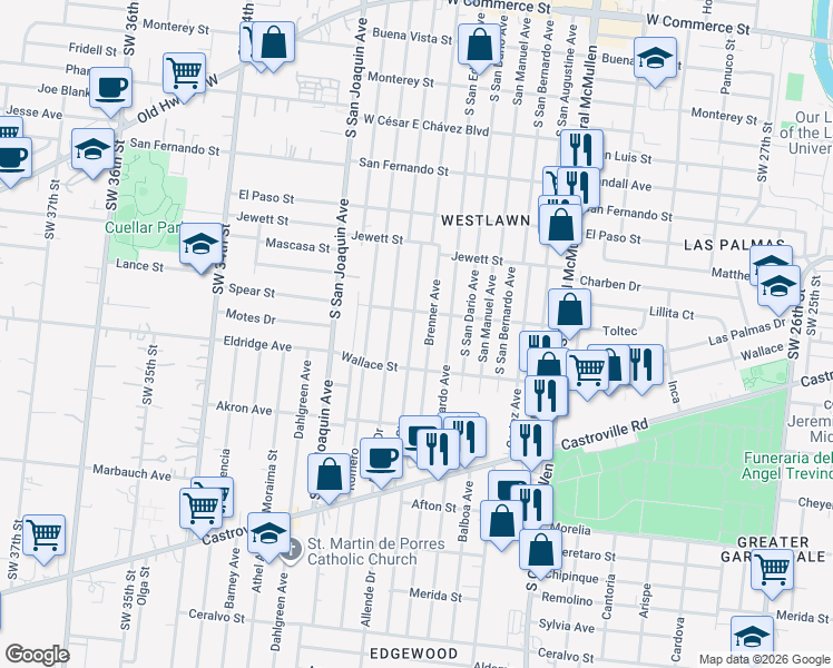 map of restaurants, bars, coffee shops, grocery stores, and more near 230 Brenner Street in San Antonio
