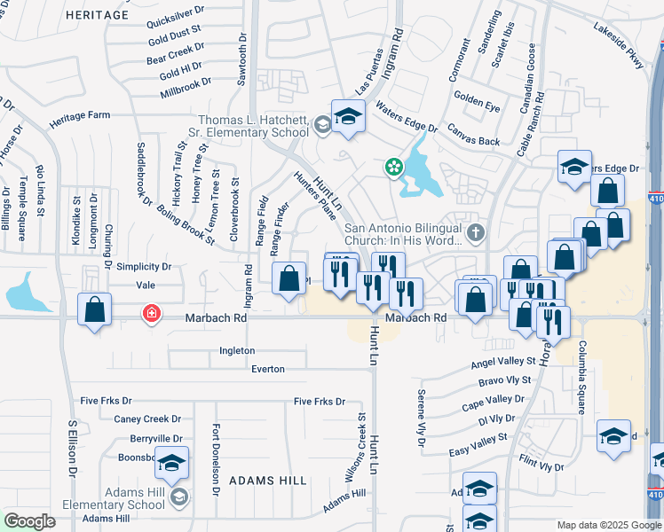 map of restaurants, bars, coffee shops, grocery stores, and more near 1455 Barker Bay in San Antonio