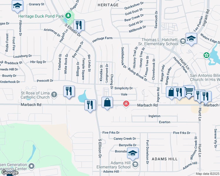map of restaurants, bars, coffee shops, grocery stores, and more near 1422 Churing Drive in San Antonio