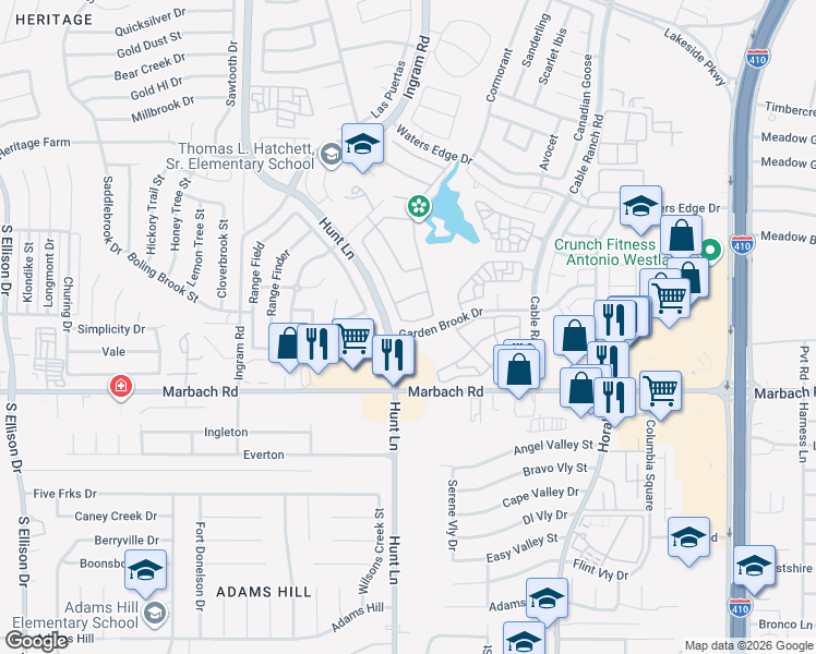 map of restaurants, bars, coffee shops, grocery stores, and more near 9026 Moccasin Lake in San Antonio