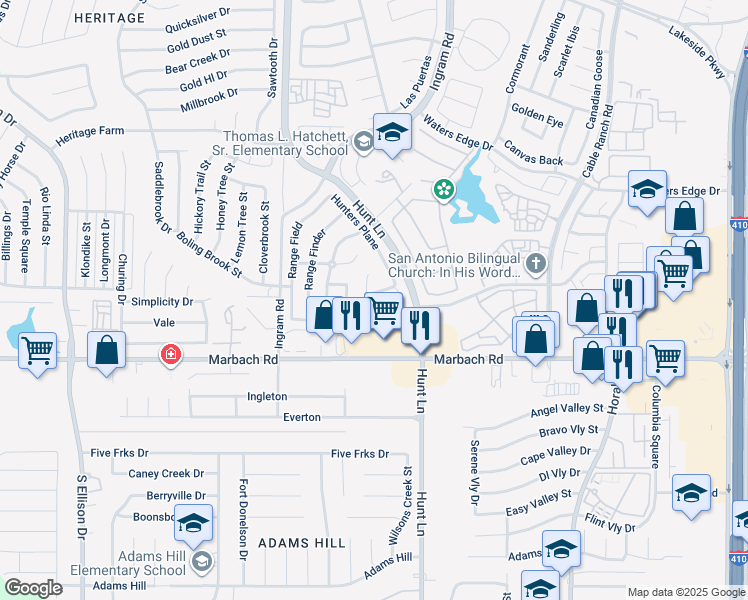 map of restaurants, bars, coffee shops, grocery stores, and more near 1455 Barker Bay in San Antonio