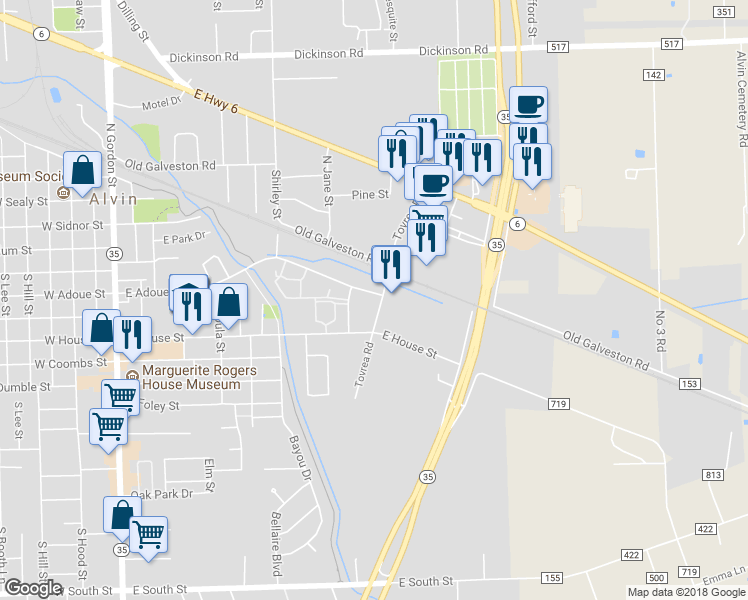 map of restaurants, bars, coffee shops, grocery stores, and more near 1290 East Adoue Street in Alvin