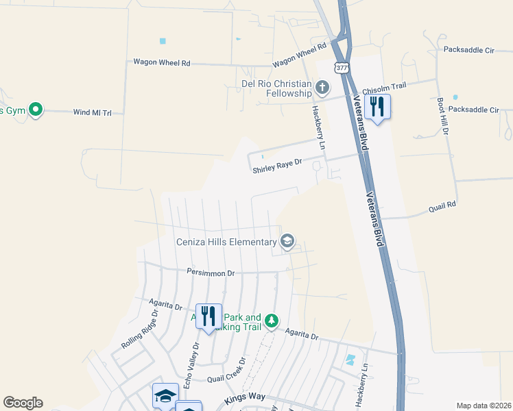 map of restaurants, bars, coffee shops, grocery stores, and more near 503 Boulder Ridge Street in Del Rio