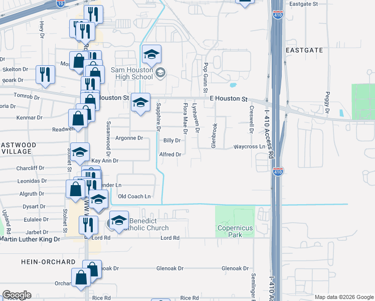 map of restaurants, bars, coffee shops, grocery stores, and more near 501 Wilchester Lane in San Antonio