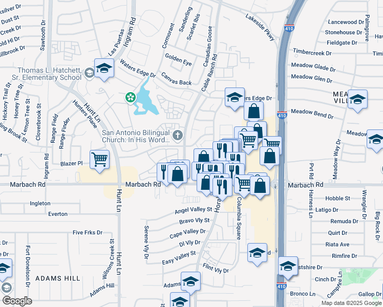 map of restaurants, bars, coffee shops, grocery stores, and more near 13 Garden Brook in San Antonio