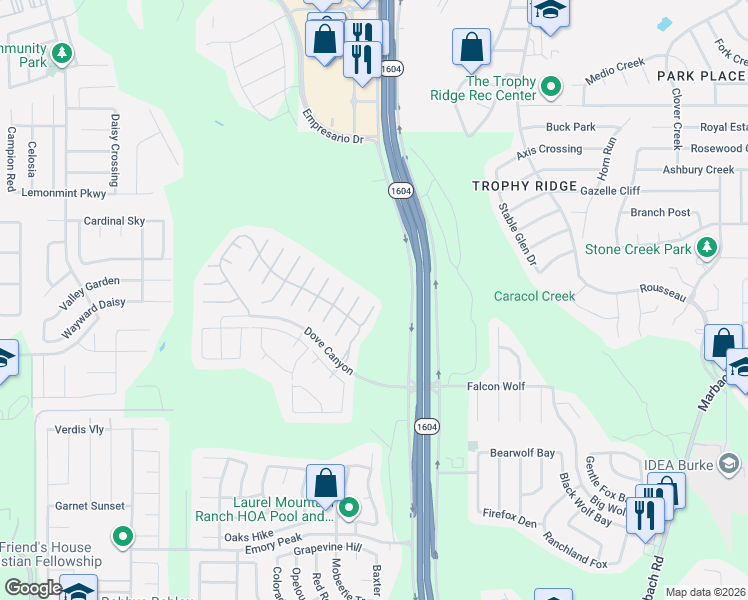 map of restaurants, bars, coffee shops, grocery stores, and more near 1318 Swan Court in San Antonio
