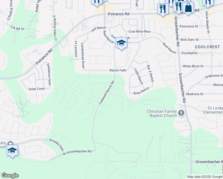 map of restaurants, bars, coffee shops, grocery stores, and more near Red Rock Ranch in San Antonio