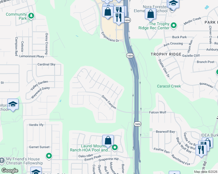 map of restaurants, bars, coffee shops, grocery stores, and more near 1331 Hummingbird in San Antonio