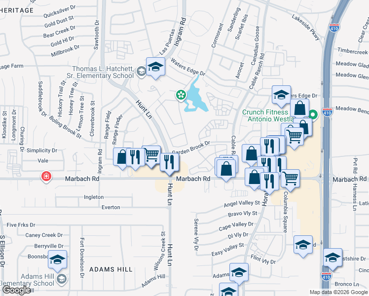 map of restaurants, bars, coffee shops, grocery stores, and more near 9026 Moccasin Lake in San Antonio