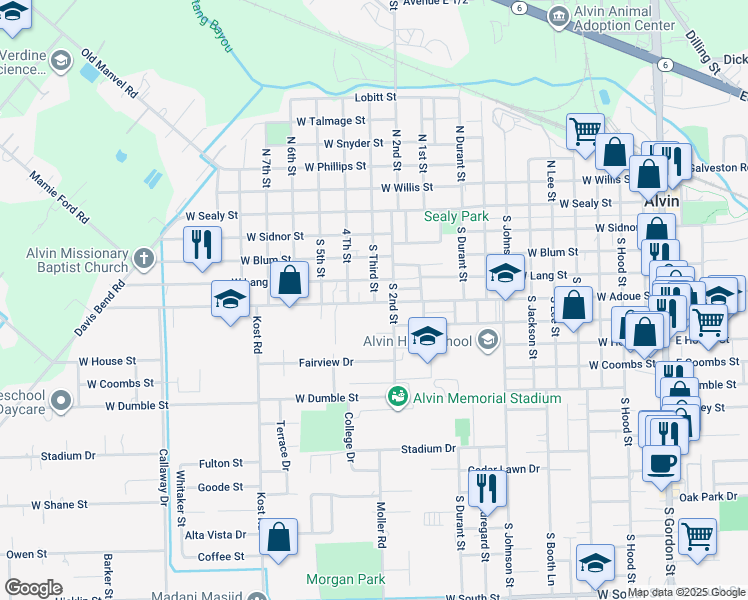 map of restaurants, bars, coffee shops, grocery stores, and more near 406 3th Street in Alvin