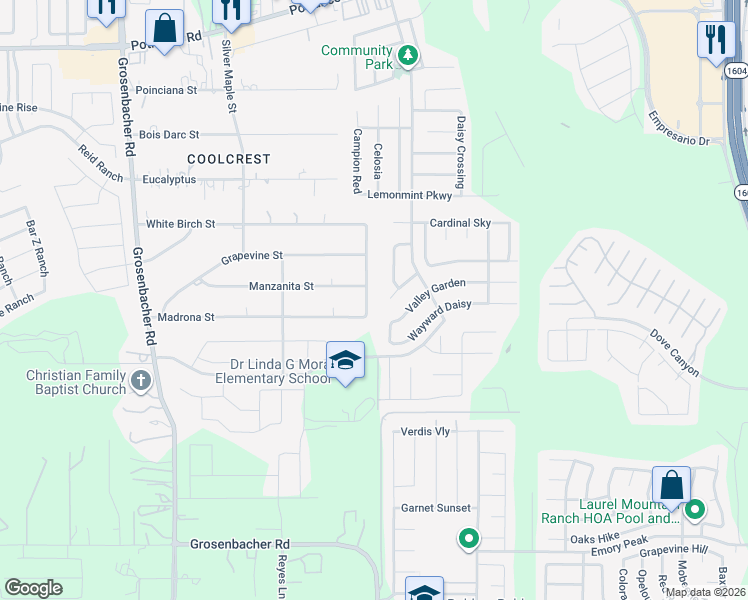 map of restaurants, bars, coffee shops, grocery stores, and more near 1136 Wild Persimmon Street in San Antonio