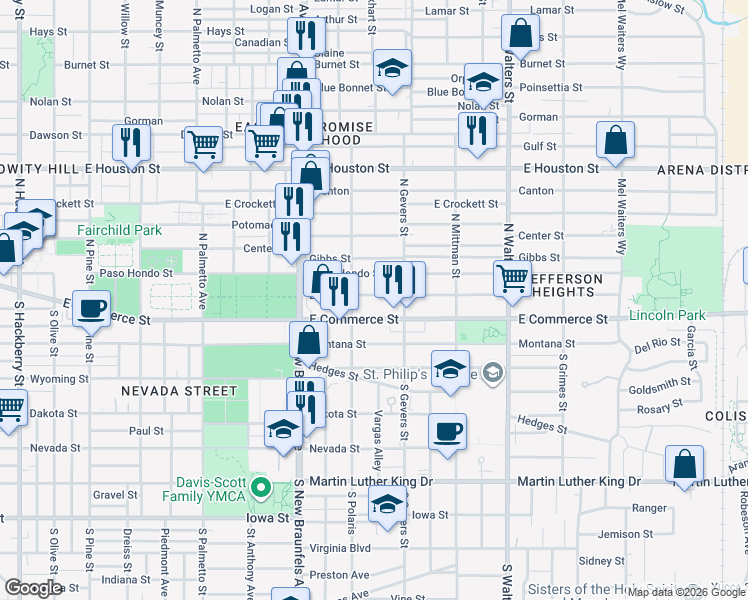 map of restaurants, bars, coffee shops, grocery stores, and more near 2314 East Commerce Street in San Antonio