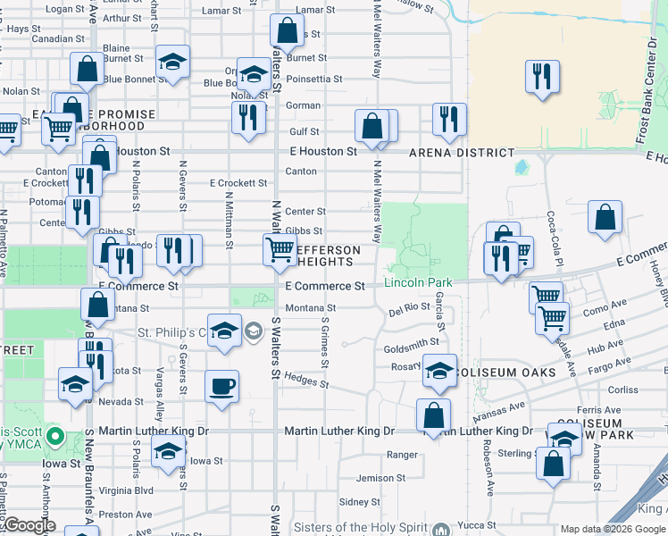 map of restaurants, bars, coffee shops, grocery stores, and more near 2711 East Commerce Street in San Antonio