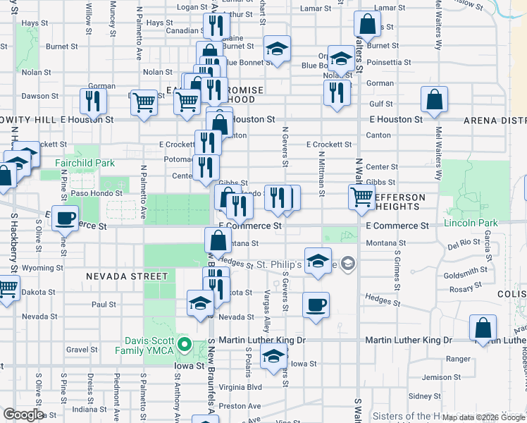 map of restaurants, bars, coffee shops, grocery stores, and more near 2314 East Commerce Street in San Antonio