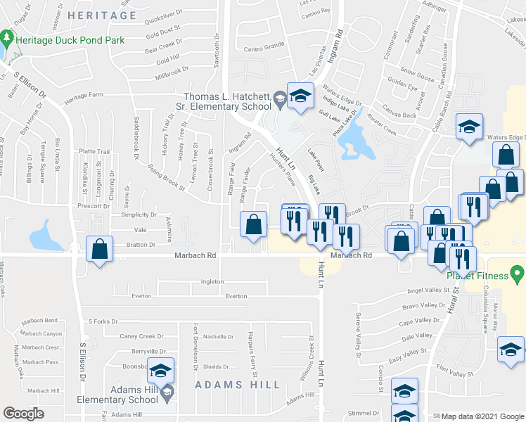 map of restaurants, bars, coffee shops, grocery stores, and more near 1530 Ambush Creek in San Antonio